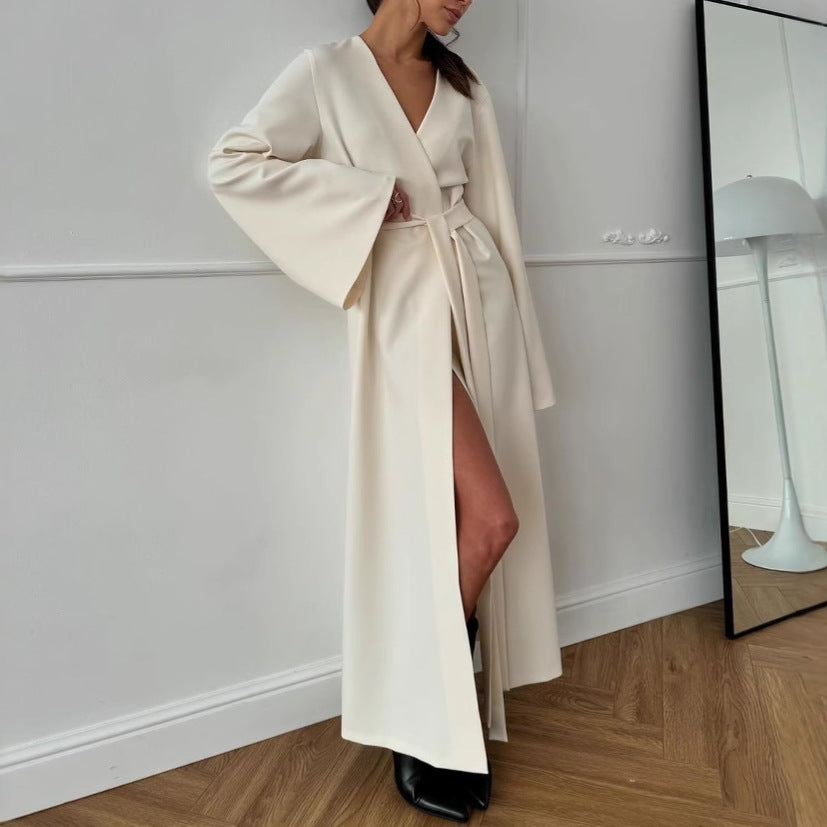 Damen Maxi-Kleid mit schickem V-Ausschnitt und weiten Ärmeln Drune