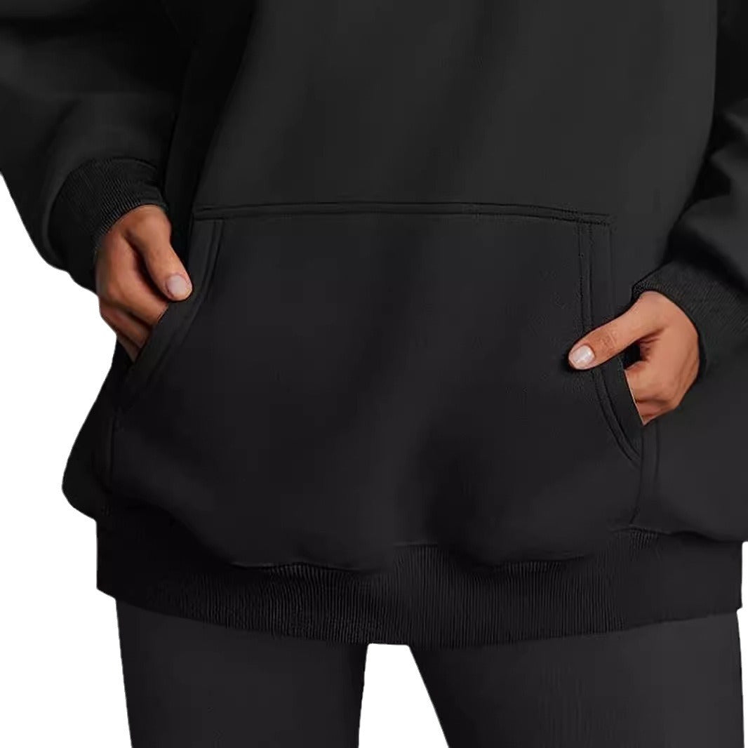 Damen nan Relax-Fleece Kapuzenpullover mit Kängurutasche, verlängerter Rücken und überschnittener Schulter Drune