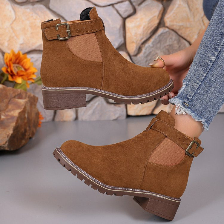 Damen Wildleder-Optik Chelsea-Stiefelette mit dekorativem Schnallenriemen, elastischem Einsatz und grober Profilsohle Drune
