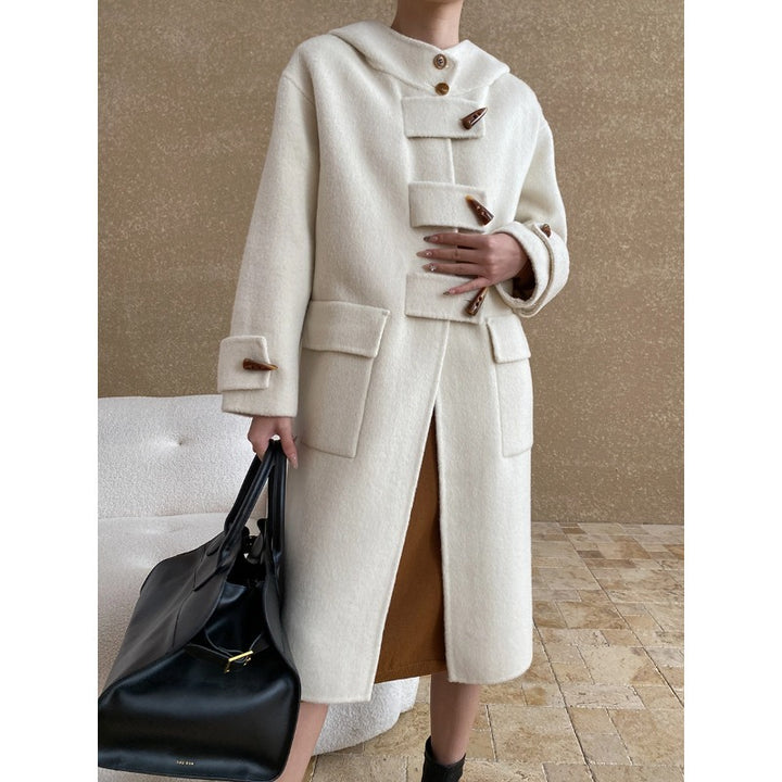 Damen eleganter Wollmantel mit Kapuze und großen Knöpfen Drune