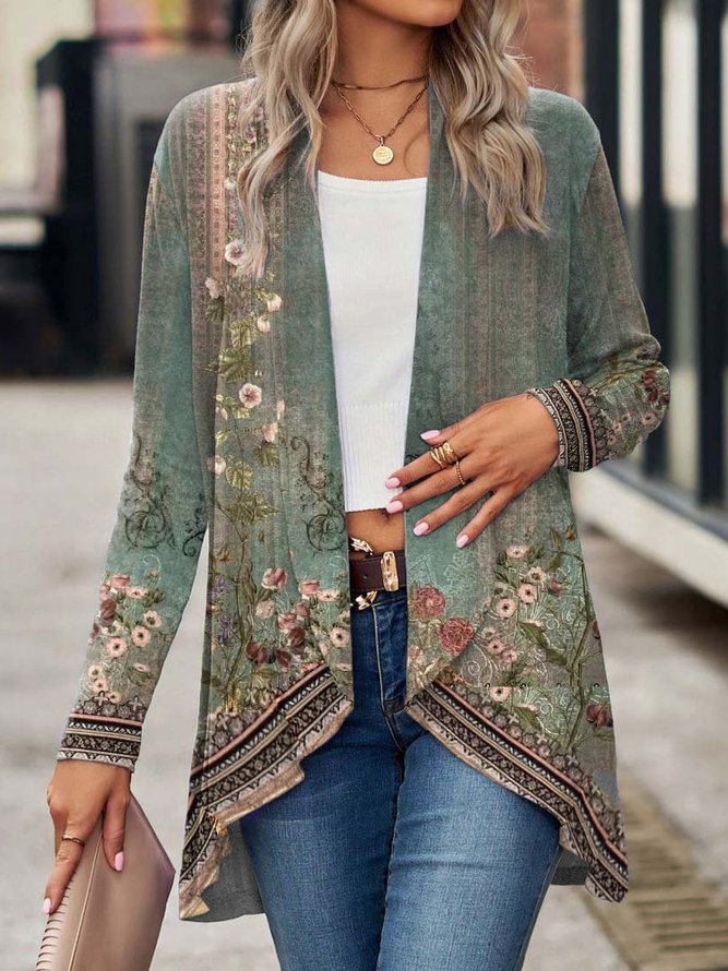 Damen Offene Longjacke mit floralem Design Drune