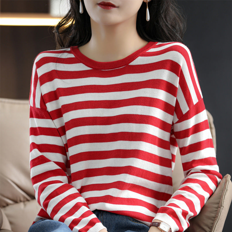 Damen Maritim-inspiriertes gestreiftes Feinstrick-Shirt mit weitem Boot-Ausschnitt und Kontrastkante Drune