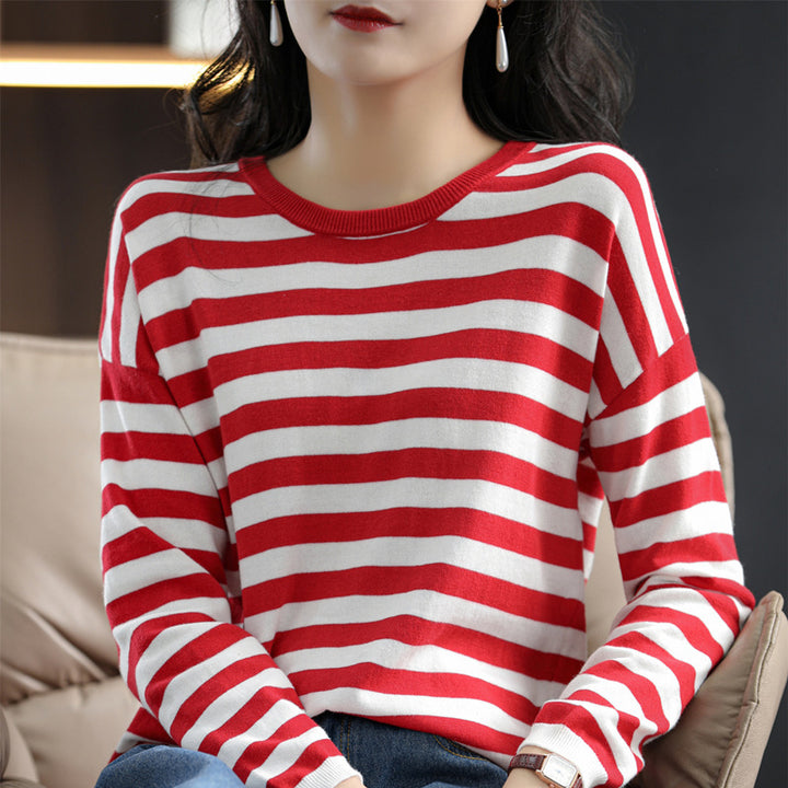 Damen Maritim-inspiriertes gestreiftes Feinstrick-Shirt mit weitem Boot-Ausschnitt und Kontrastkante Drune