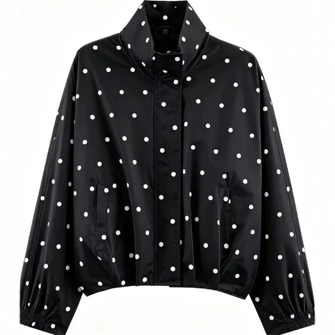 Damen Gepunktete Cropped Blousonjacke mit Stehkragen, elastischem Saum und verdeckter Knopfleiste Drune
