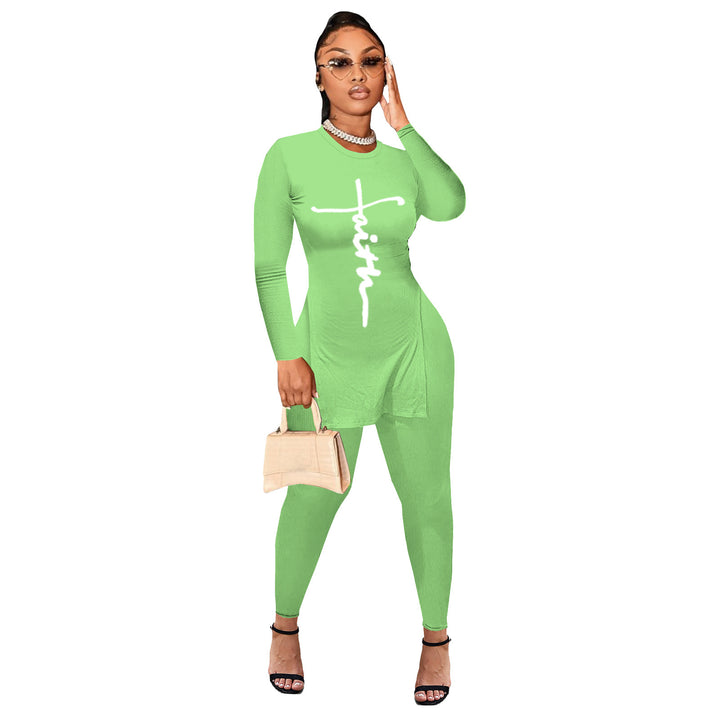 Damen Enganliegendes zweiteiliges Lounge-Set mit langem Shirt, figurbetonten Leggings und vertikalem Schriftzug Drune