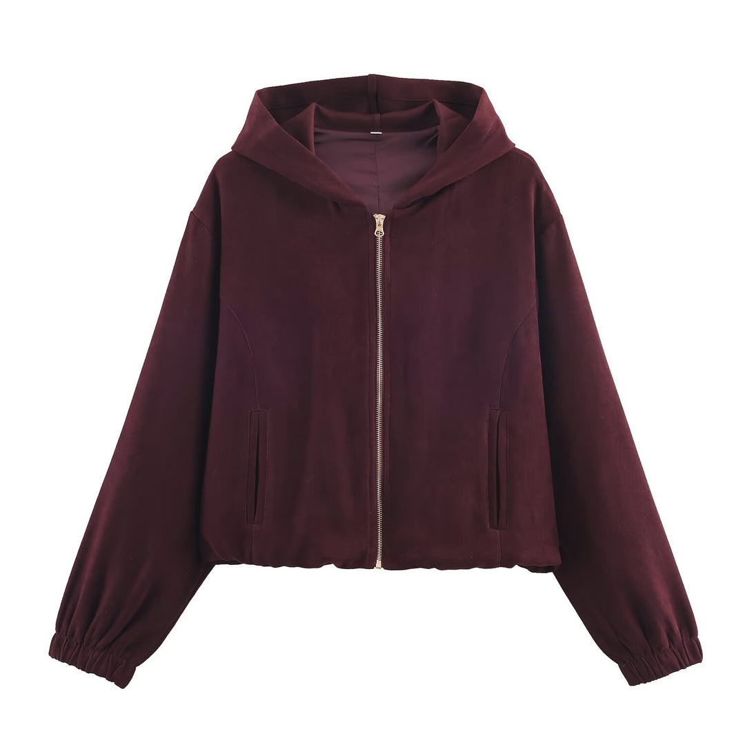 Damen Boxy-Kapuzenjacke aus Veloursoptik mit durchgehendem Reißverschluss und Gummsaum Drune