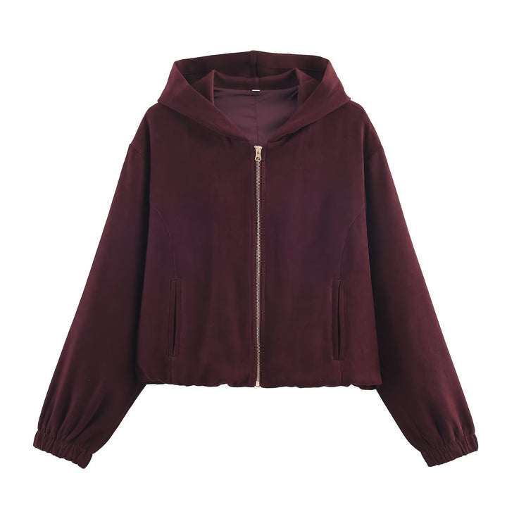 Damen Boxy-Kapuzenjacke aus Veloursoptik mit durchgehendem Reißverschluss und Gummsaum Drune