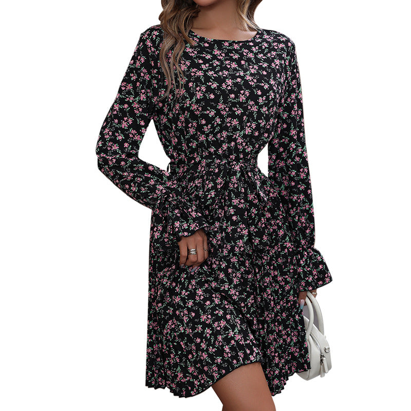Damen Midikleid mit plissiertem Rock, Tunnelzug-Taille und Volantmanschetten Drune