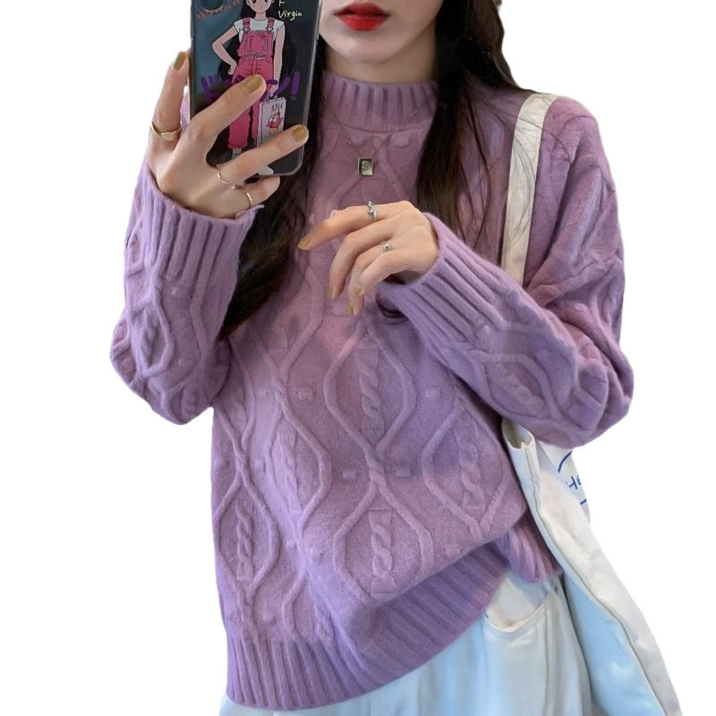 Damen gemütlicher Grobstrickpullover mit Zopfmuster und hohen Bündchen Drune