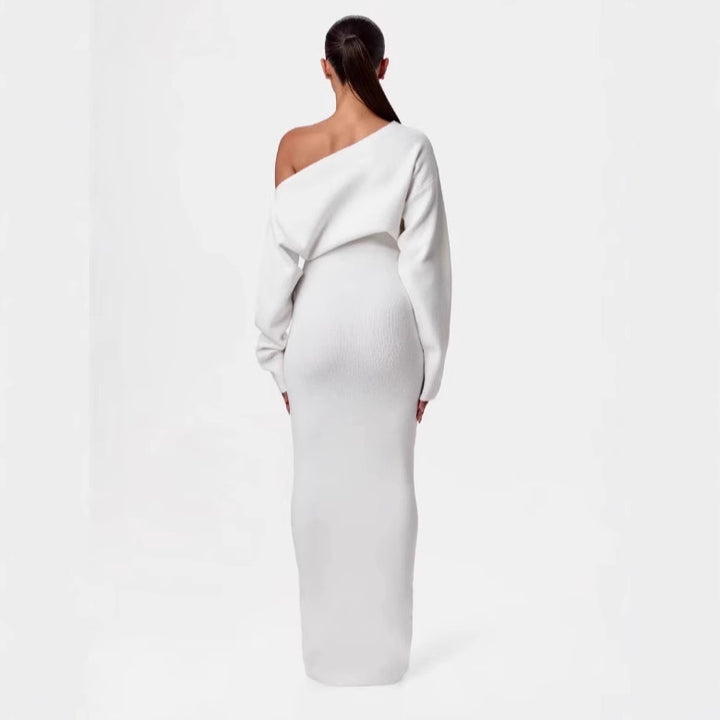 Damen One-Shoulder Maxi Strickkleid mit Übergroßen Ärmeln Drune