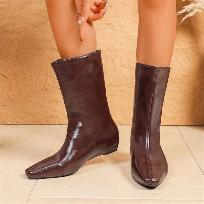 Damen halbhohe Veloursleder-Stiefel mit spitzer Zehenform und flacher Keilsohle Drune