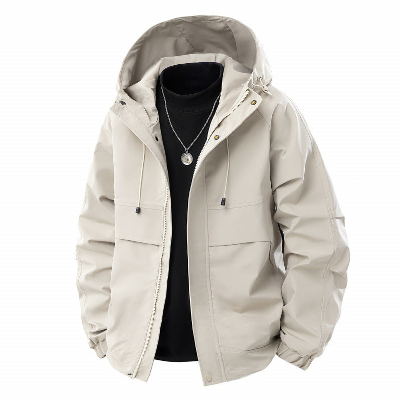Herren Minimalistischer Tech-Softshell-Parka mit Kapuze, verdecktem Reißverschluss und Cargo-Brusttaschen Drune