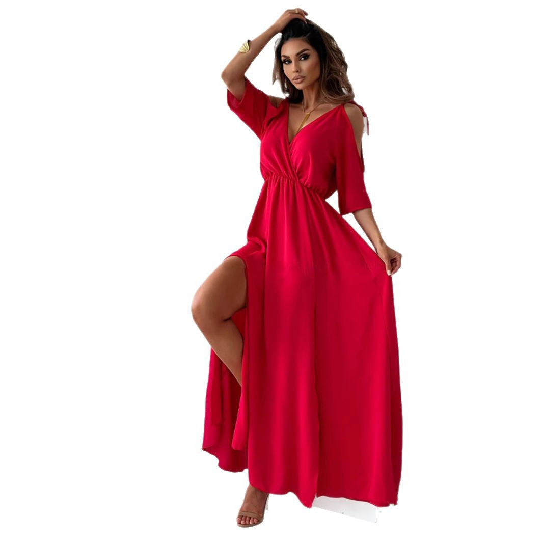 Damen Maxikleid mit schulterfreier Optik und elegantem V-Ausschnitt Drune