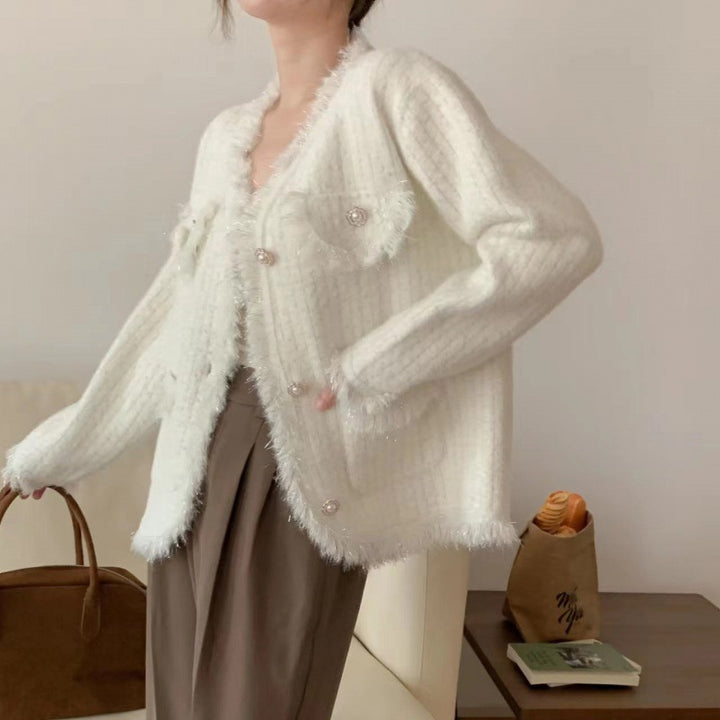 Damen Strickjacke mit dekorativen Perlen und fransigen Details Drune