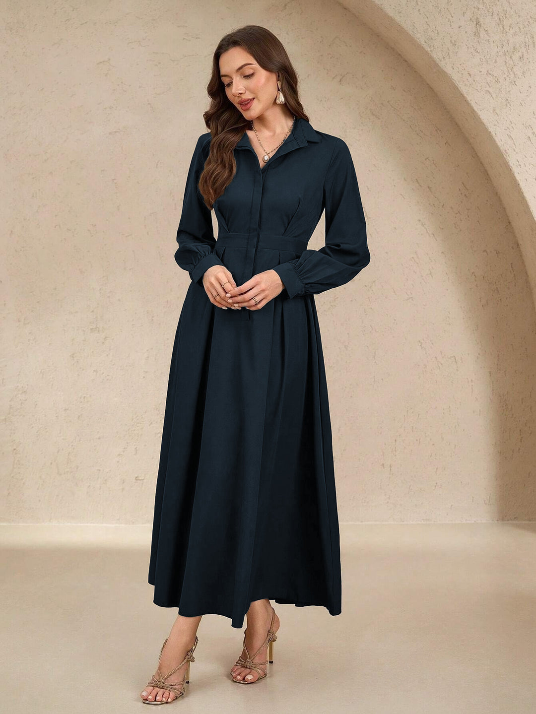 Damen nan langes Hemdblusenkleid mit Taillengürtel, verdeckter Knopfleiste und ballonärmeln Drune