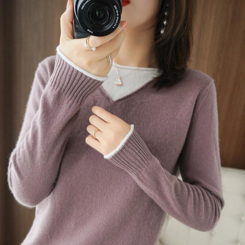 Damen Weicher V‑Ausschnitt-Pullover aus Kaschmir‑Look mit kontrastierter Kantenverzierung Drune