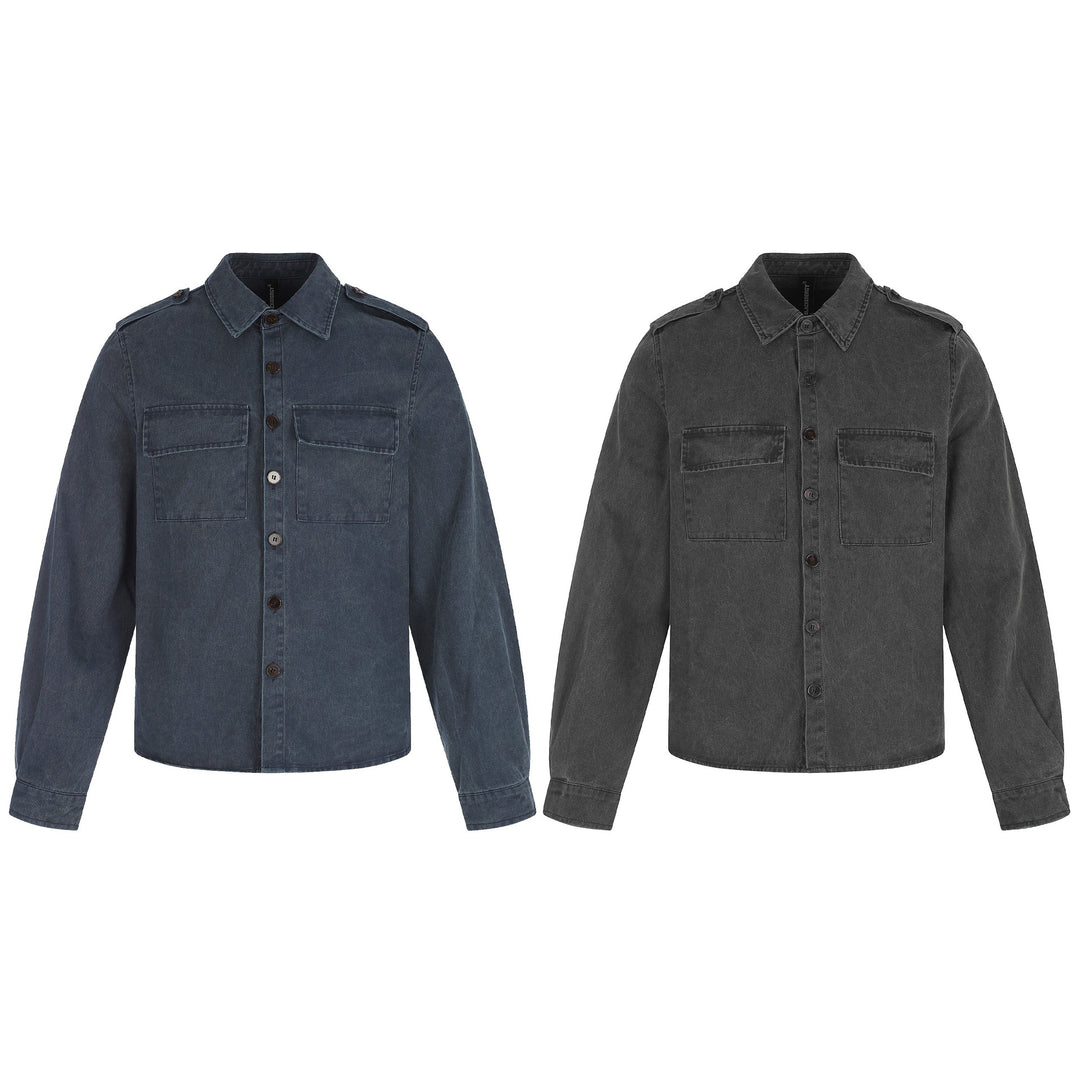 Herren Hemdjacke aus gewaschenem Denim mit Pattentaschen und Schulterklappen Drune
