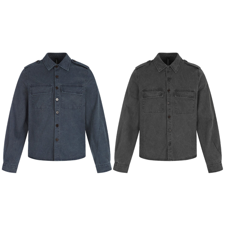 Herren Hemdjacke aus gewaschenem Denim mit Pattentaschen und Schulterklappen Drune