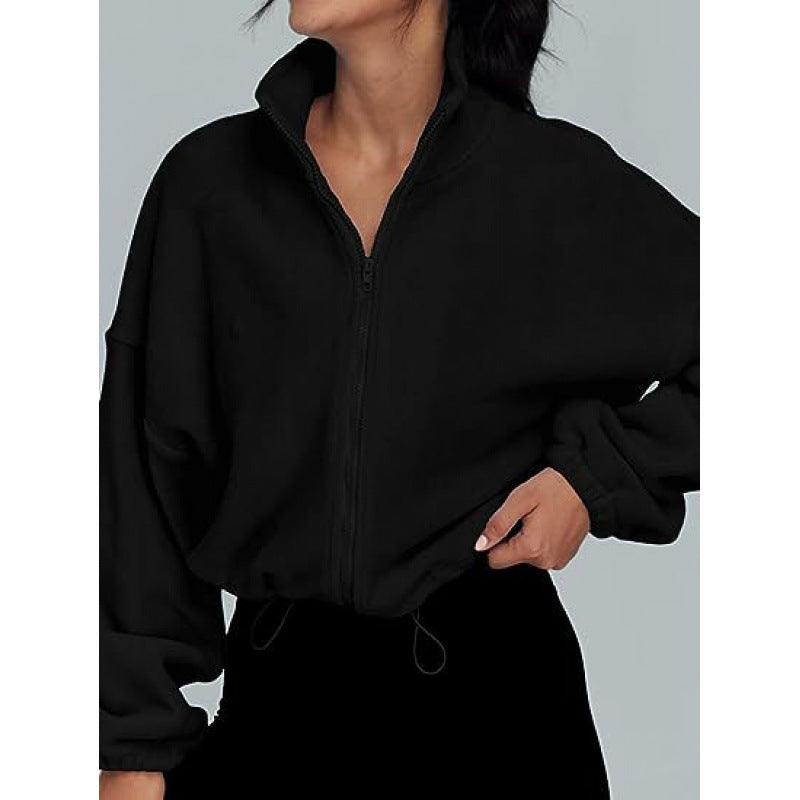 Damen trendy Oversize-Zip-Pullover mit hohem Kragen und Kordelzug Drune