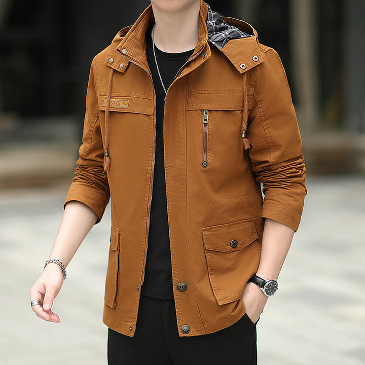 Herren Leichte Fieldjacke mit Kapuze, Multifunktionstaschen und verdecktem Reißverschluss Drune