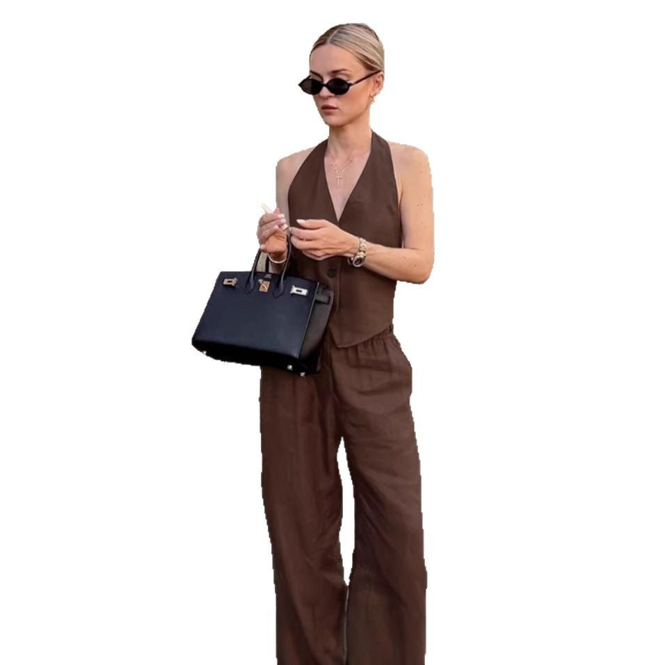 Damen Zweiteiliges Set aus leichtem Leinen mit bequemen Schnitt und modischer Weste Drune