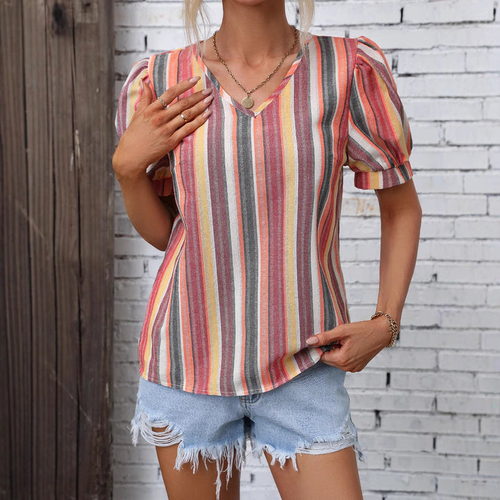 Damen lässiges Kurzarm-Blusenshirt mit Streifenmuster Drune