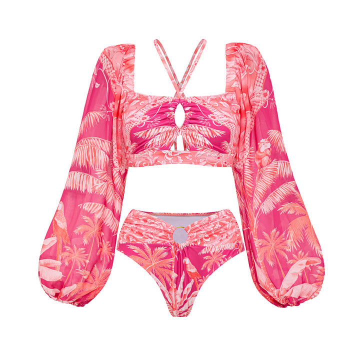 Damen Bikiniset mit transparentem Puffärmel und geflochtenem Detail Drune