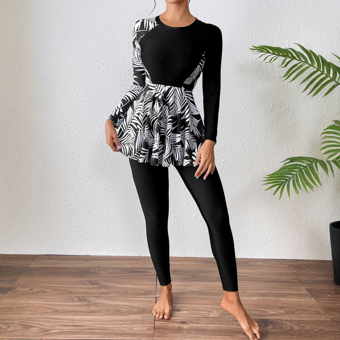 Damen Sportlicher Langarm Badeanzug mit Rüschendetails Drune