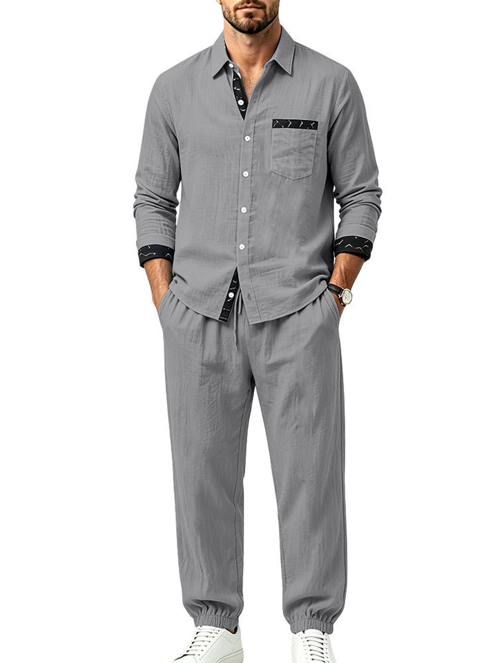 Herren Leichter Baumwoll-Loungewear-Zweiteiler mit Hemd und Kordel-Jogger Drune