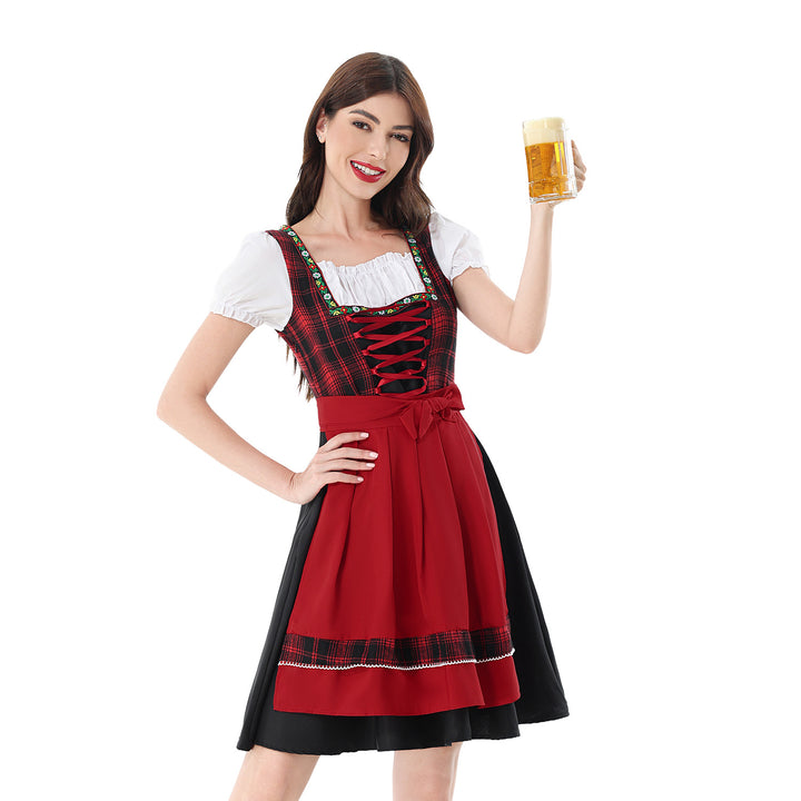 Damen nan traditionelles Dirndlkleid mit kariertem Mieder, Schnürung, Puffärmeln und Schürze Drune