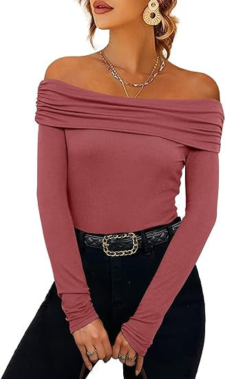 Damen Figurbetontes Schulterfreies Langarm Feinstrickshirt mit Carmenausschnitt Drune