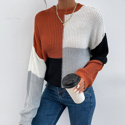 Damen Grobgestrickter Colorblock-Pullover Oversize mit Rundhals & Ballonärmeln Drune