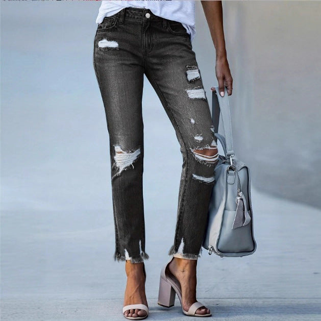 Damen Cropped Destroyed-Jeans mit hohem Bund, geradem Bein & rohem Fransen-Saum Drune