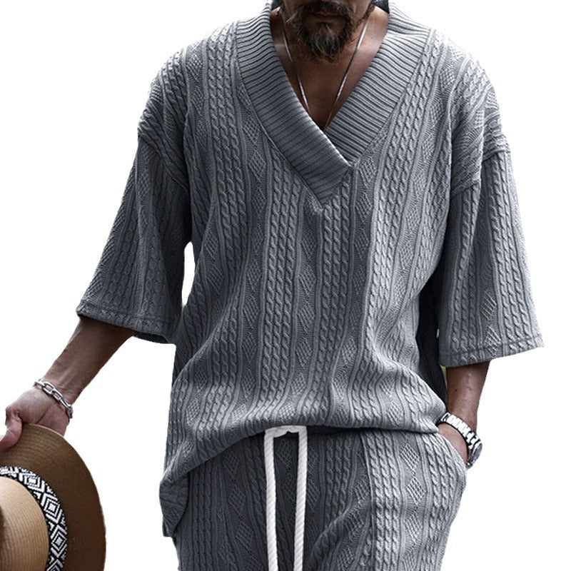 Damen Oversized Kurzarm-Strickpullover mit tiefem V‑Ausschnitt und Zopfmuster Drune