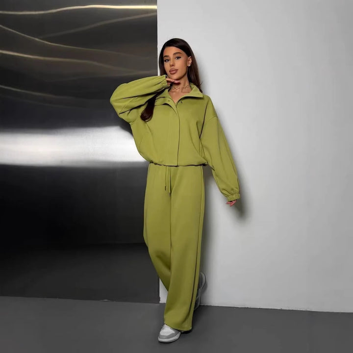 Damen gekürztes Reißverschluss-Hoodie mit Stehkragen und hochgeschnittener Kordel-Jogginghose Drune