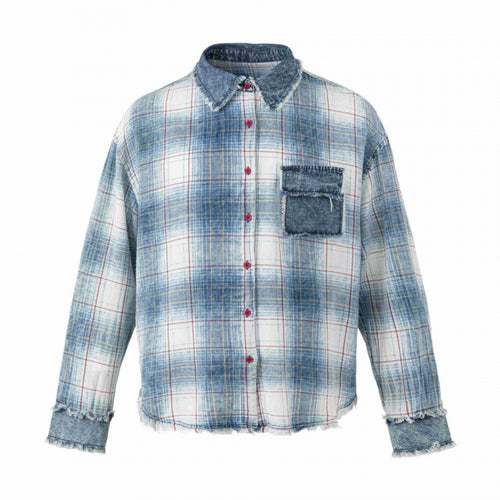 Unisex Kariertes Overshirt im Used-Look mit Fransen, Jeanskragen und aufgesetzter Brusttasche Drune