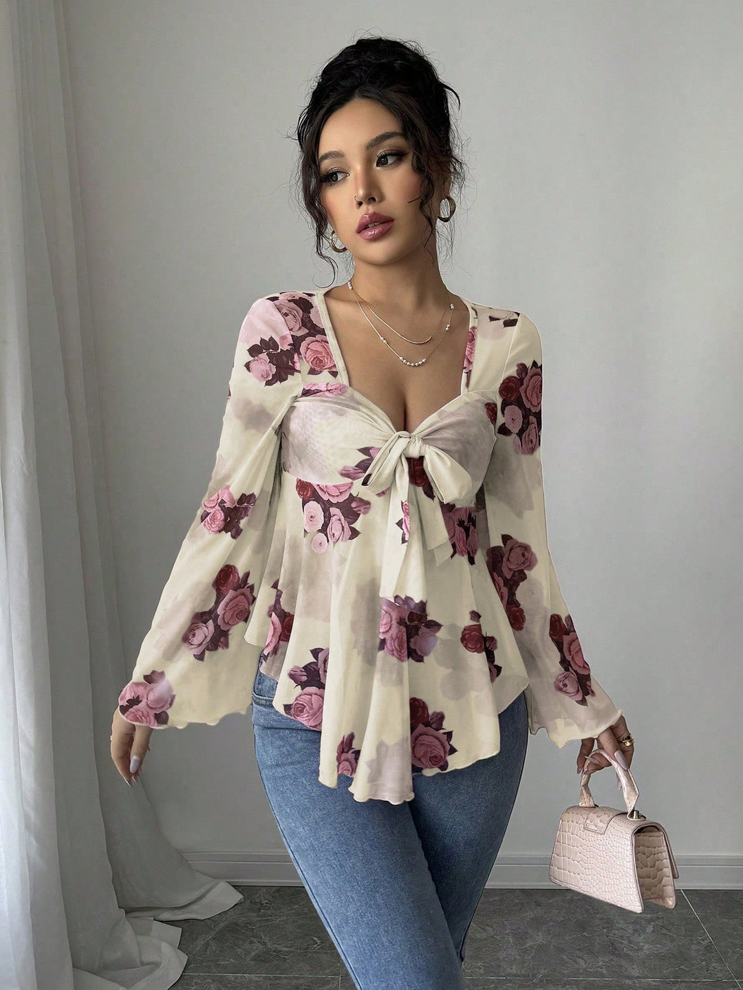 Damen Transparente Chiffon-Babydoll-Bluse mit Knotenfront und floralem Allover-Print Drune