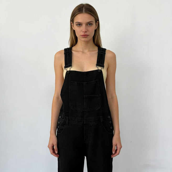 Damen nan weiche Denim-Latzhose mit weitem Bein, verstellbaren Trägern und Pattentasche Drune