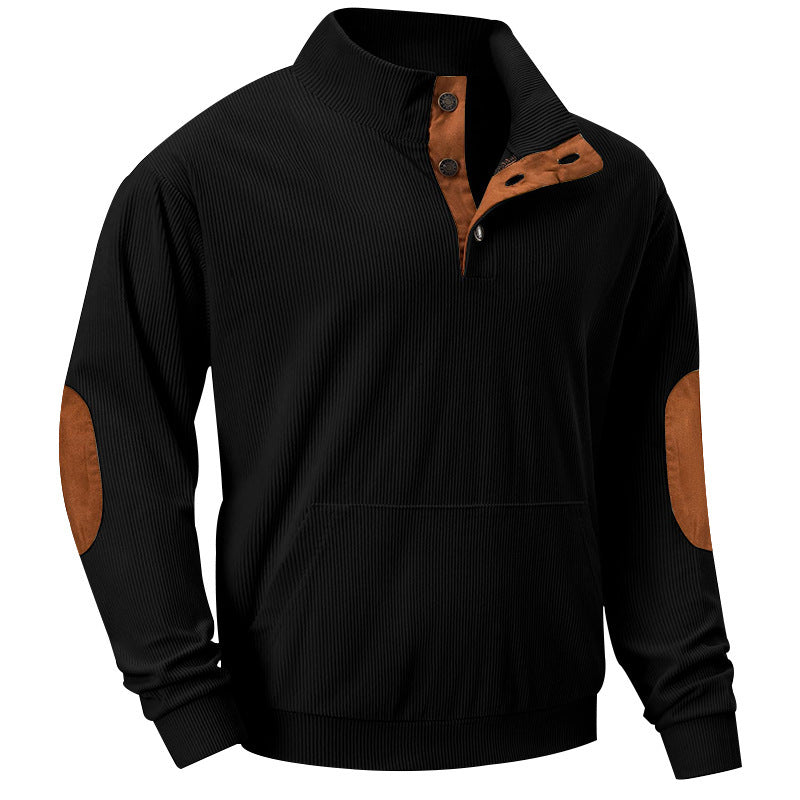 Herren nan geripptes Stehkragen-Sweatshirt mit Knopfleiste, Kängurutasche und Velours-Ellenbogenbesatz Drune