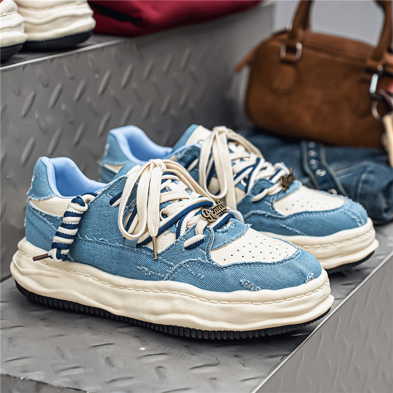 Damen denim-Plateau-Sneaker mit kontrastnähten, wattierter Wellenlaufsohle und verzierten Schnürdetails Drune