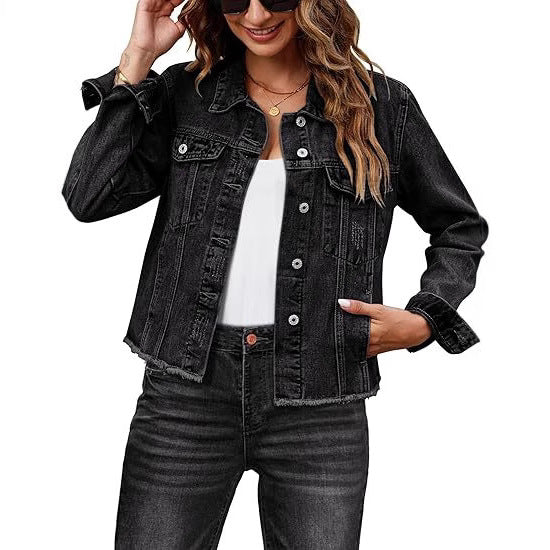 Damen Kurz geschnittene Denim-Jacke mit fransigem Saum und Brusttaschen Drune