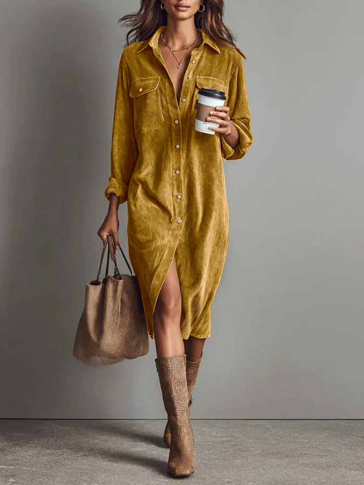 Damen Hemdblusenkleid aus Cord mit Brusttaschen, Knopfleiste und Schlitze Drune