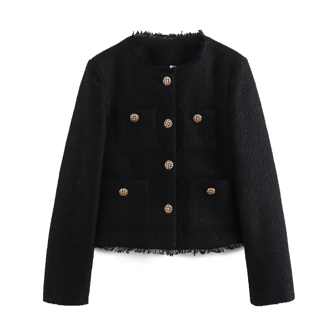 Damen elegante Tweed-Jacke mit Fransen und dekorativen Knöpfen Drune