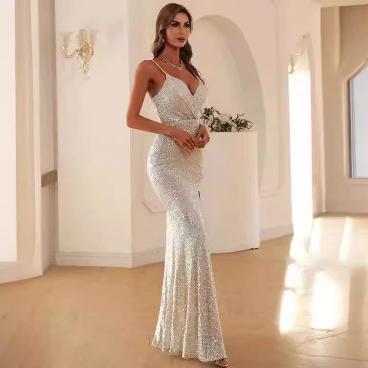 Damen Glitzerndes Abendkleid mit tiefem V-Ausschnitt und elegantem Schlitz Drune