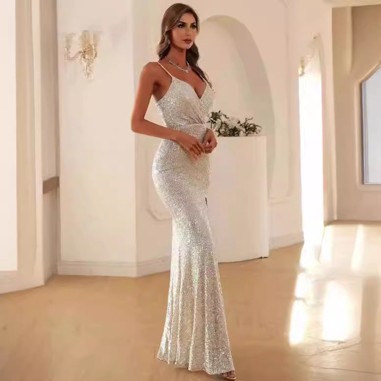 Damen Glamouröses Abendkleid mit hohem Schlitz und schimmernder Oberfläche Drune