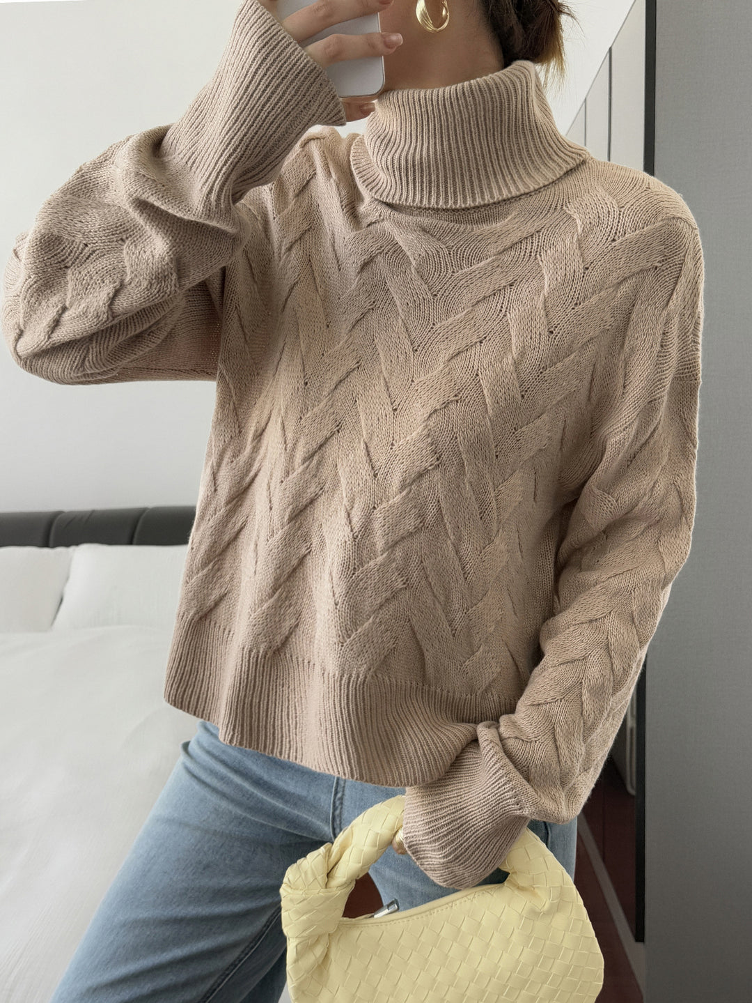 Damen nan grobstrick Rollkragenpullover mit Zopfstruktur, oversized Schnitt und längeren Ärmeln Drune