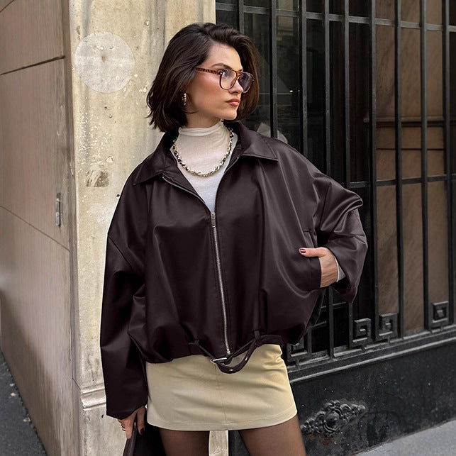Damen lässige Oversized-Jacke mit Reißverschluss und breitem Kragen Drune