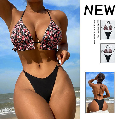 Damen Triangel-Bikini-Set mit floralem Muster und Rüschen Drune
