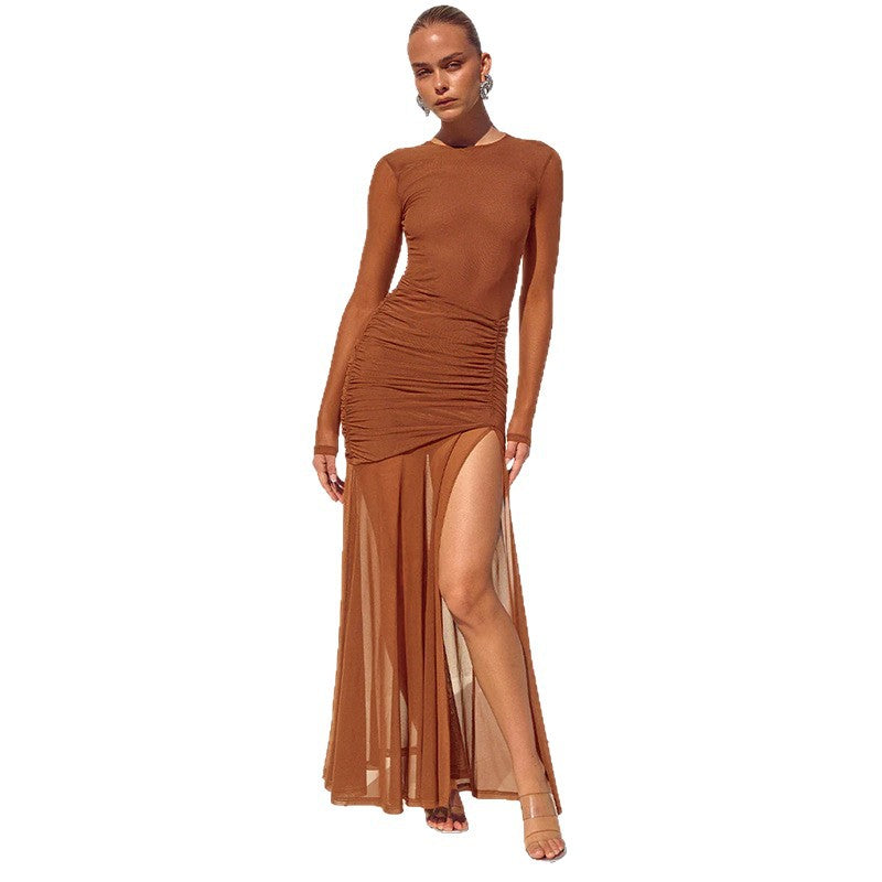 Damen Maxikleid mit eleganten Rüschendetails und seitlichem Schlitz Drune