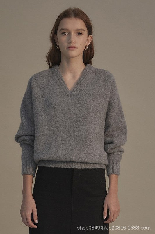 Damen hochwertiger V-Ausschnitt Pullover aus weichem Strick Drune